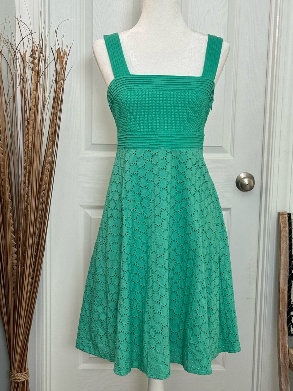 Teal Blue-Green Pintuck and Lace Sundress with Square Neck - Size 6